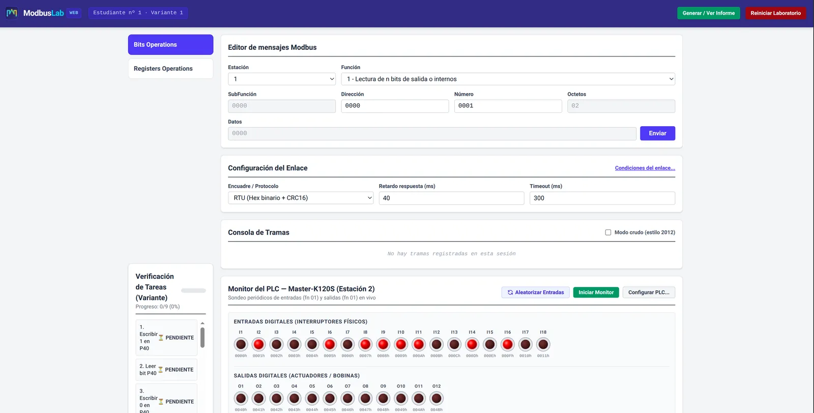 ModbusLab en el navegador: editor de mensajes Modbus con campos de estación, función, dirección y datos, configuración del enlace con encuadre, retardo de respuesta y timeout, una consola de tramas, y el monitor del PLC Master-K120S virtual con dieciocho entradas digitales y doce bobinas con sus direcciones de registro.